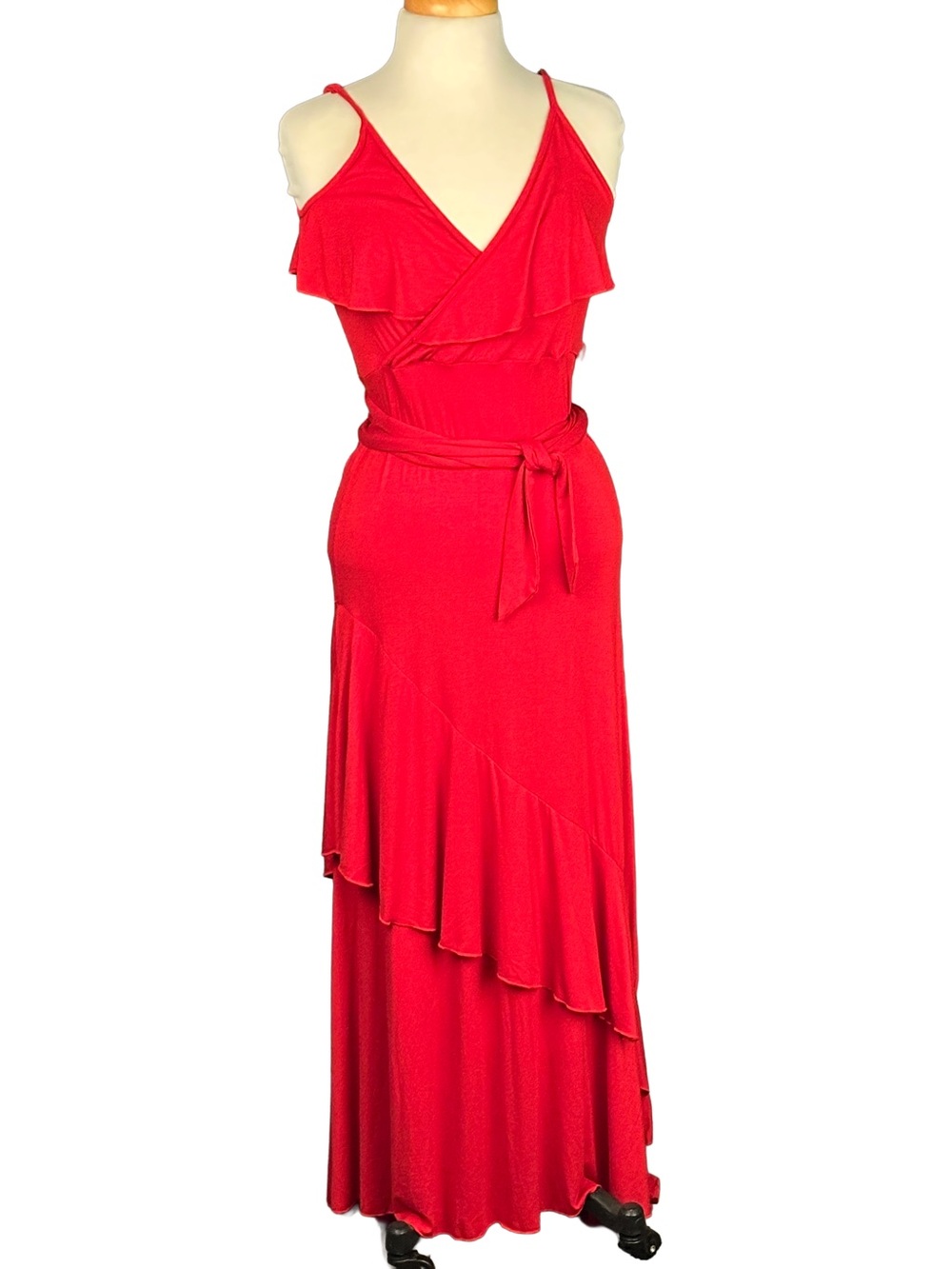 Sofia Vergara Red Ruffle Wrap Maxi Dress Sleeveless Tie Waist Size small